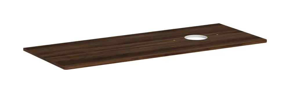 Dunkle Holz-Konsole mit rechteckiger Form und einem Ausschnitt auf der rechten Seite, geeignet für einen Aufsatzwaschtisch von Hansgrohe.